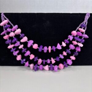 JS‎ Purple Pink Chunky Beaded Statement Necklace Multistrand Adjustable 24"